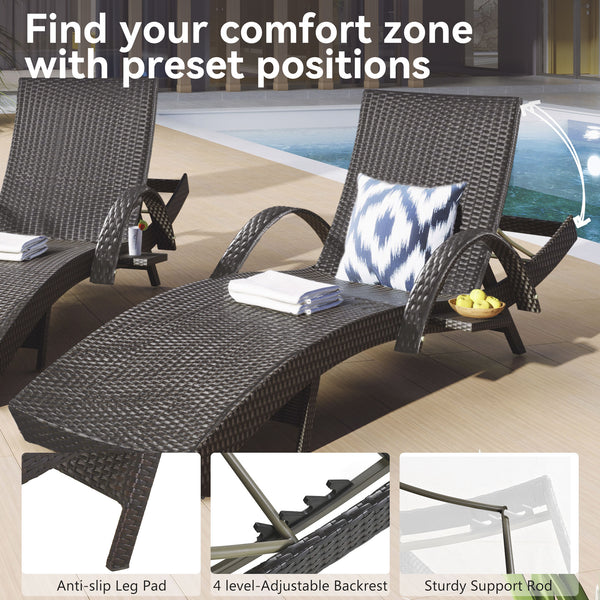 English Elm K&K 80" Outdoor Wicker Chaise Lounge Set of 2 with 2000H UV Wicker, Pull-Out Side Table, 4-Position Recliner Dark Brown WF321204AAD
