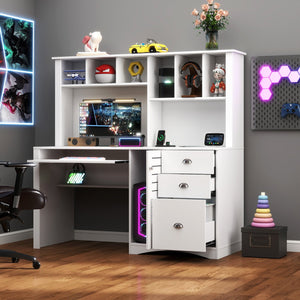 English Elm Home Office Computer Desk with Hutch Antiqued White | Spacious Storage, Cable Grommets, Waterproof Surface W331S00041