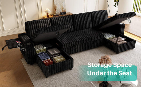 English Elm U Shaped Corduroy Sleeper Sectional with Storage Chaise and Pull Out Bed for Living Room W1825P357560