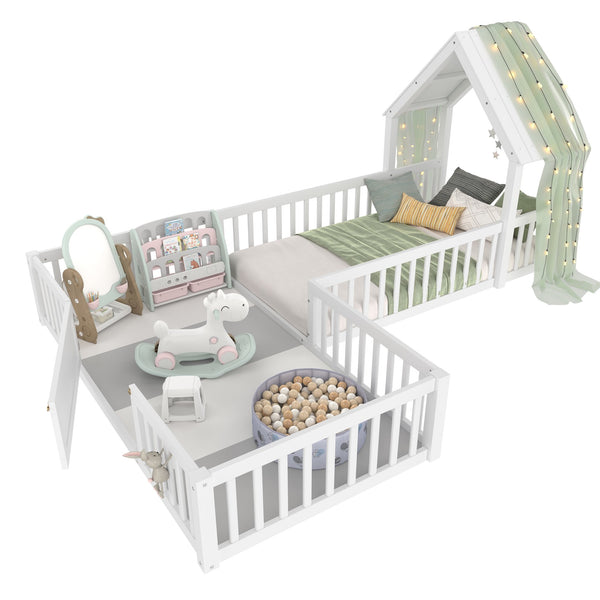 English Elm Twin House Floor Bed with Door & Full-Length Guardrails, Solid Wood Twin Loft Alternative for Kids White W1580P327128