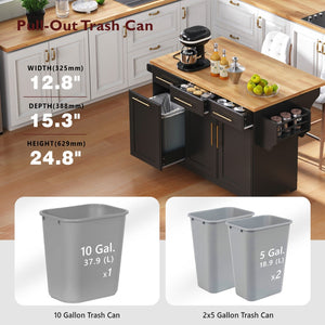 English Elm K&k Rolling Kitchen Island Rubber Wood Top Brass Hardware Built-in Outlets Storage Black N707S299014B