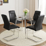 English Elm A Modern Minimalist Round Transparent Tempered Glass Table With Silver Metal Legs and 4 Modern Pu Leather High-Backed Dining Chairs For A Luxurious Experience.