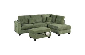 English Elm Gorgeous Sage Corduroy 3pc Sectional with USB LAF Sofa RAF Chaise & Storage Ottoman, Modern Comfort B011S01242