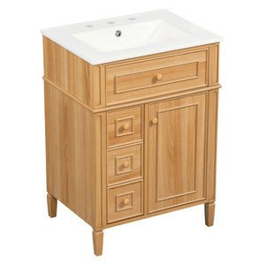English Elm 24" Solid Pine Bathroom Vanity Cabinet with Ceramic Sink Soft Close Drawers N725P375500N