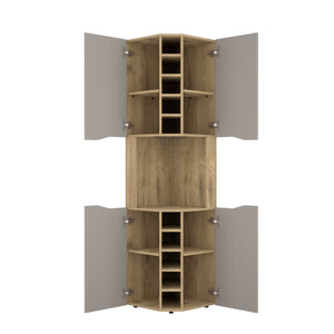English Elm Corner Bar Cabinet with Ten Built-In Wine Slots, Cup Rack & Spacious Top Shelf for Entertaining Multicolor 48 L x 21 W x 3 H B097S00131