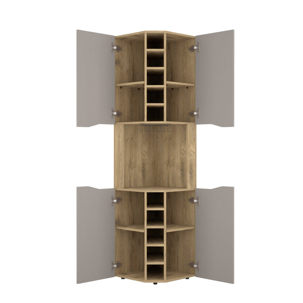 English Elm Corner Bar Cabinet with Ten Built-In Wine Slots, Cup Rack & Spacious Top Shelf for Entertaining Multicolor 48 L x 21 W x 3 H B097S00131