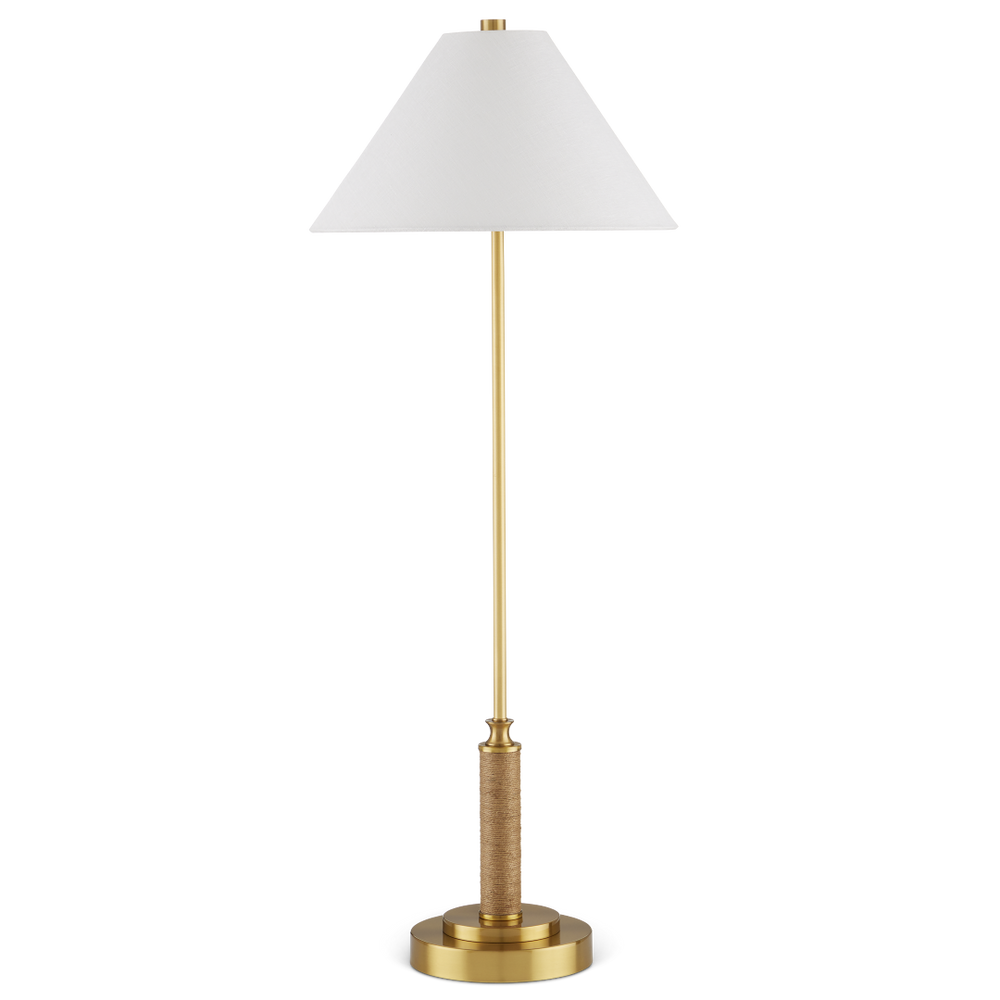 Ippolito Antique Brass Console Lamp with Jute Rope Accent - Elegant Off-White Linen Shade Design