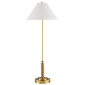 Ippolito Antique Brass Console Lamp with Jute Rope Accent - Elegant Off-White Linen Shade Design