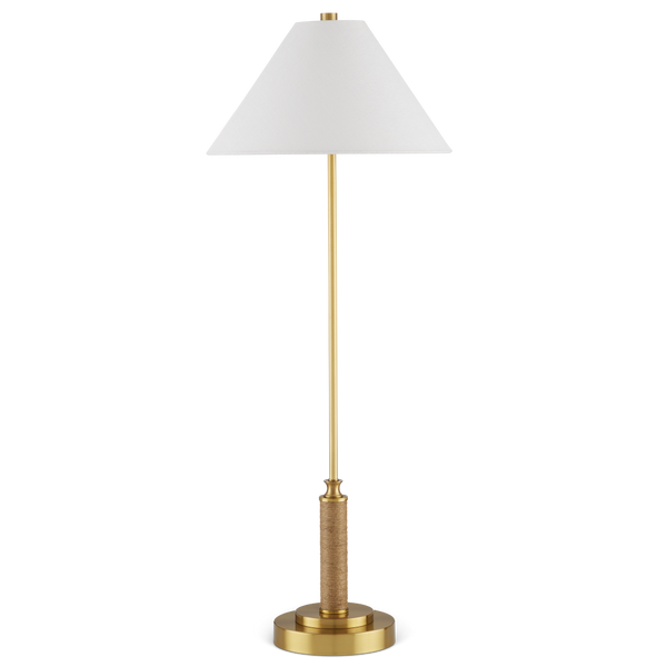Ippolito Antique Brass Console Lamp with Jute Rope Accent - Elegant Off-White Linen Shade Design