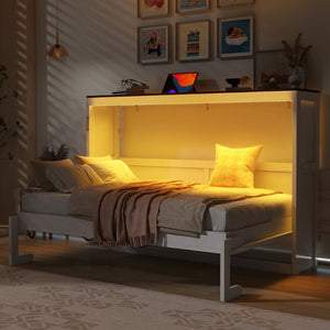 English Elm Twin Size Murphy Bed With Led Light – Stylish Space-Saving Wall Bed In White & Brown Cabinet Design N7090004013K-GIGA