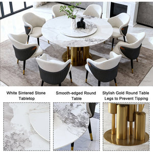 English Elm 59" Round Sintered Stone Dining Table Seats 8 with Built-in Lazy Susan Modern W2699S00096