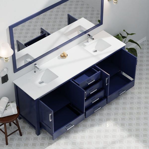 English Elm Navy Double Bath Vanity 80" W x 22" D with White Quartz Top, Soft-Close Drawers, 30" Mirrors, Ample Storage B2731S00845
