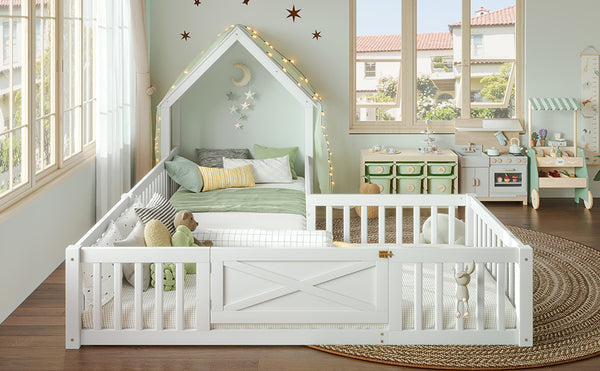 English Elm Twin House Floor Bed with Door & Full-Length Guardrails, Solid Wood Twin Loft Alternative for Kids White W1580P327128