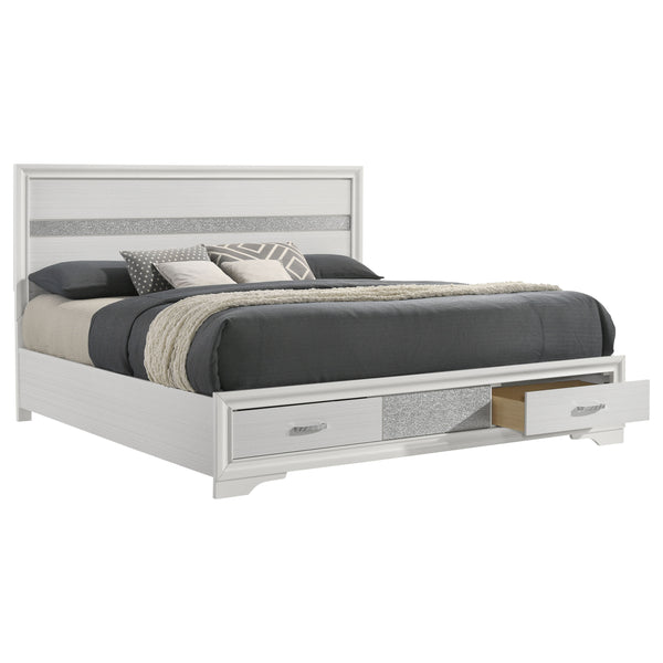 English Elm May Contemporary Eastern King Storage Bed with Shimmery Foil Headboard & Rhinestone Pulls, White B062S01085