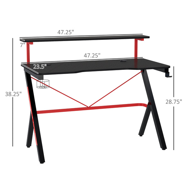 English Elm HOMCOM 47" Gaming Desk with Elevated Monitor Shelf, Carbon-Fiber Top, K-Frame, Cup Holder Hook Cable Management W2225S00062