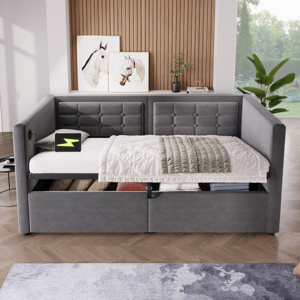 English Elm Upholstered Twin Daybed with Hydraulic Storage, Velvet Tufted Sofa Back, USB & Type-C Charging Port Gray N736P303402G