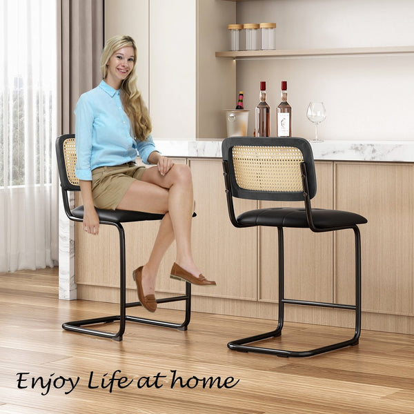 English Elm Farini Velvet Counter Height Bar Stools Set of 2 with Rattan Back, Cantilever Comfort & Floor Protectors Black T3623P354965