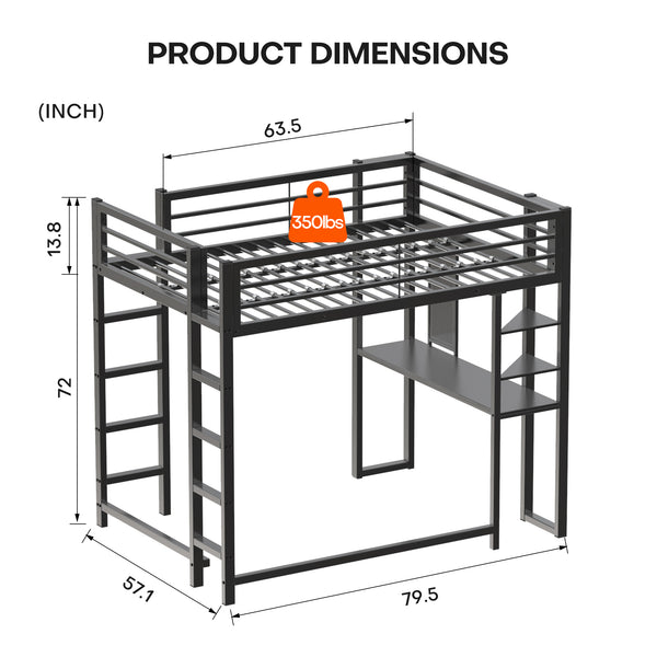 English Elm Loft Bed With Desk And Storage, Full Size Metal Frame For Teens, Stylish Space-Saving Design W2904S00003