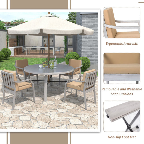 English Elm Outdoor Dinning Set Antique Gray 4-Person Patio Dining with Umbrella Hole, Removable Cushions, Wood-Iron Frame SZ000101AAE