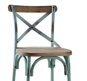English Elm Antique Metal Frame Bar Chair with Wooden Seat and X Backrest, Vintage Dining Stool with Footrest Sky Blue 20.5 L x 44.5 W x 6.5 H B2741P325720