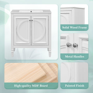 English Elm Christopher Knight Home® - 30" Bathroom Vanity with Sink Vintage Freestanding Ceramic Top Soft-Close Doors Gold Knobs, Storage White N759P226000K