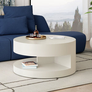 English Elm 31.5'' Round Coffee Table with Hidden Storage and Vertical Stripe Accent, Modern Durable MDF Design White W757P206006