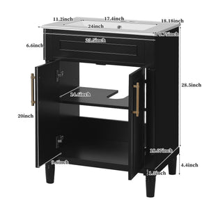 English Elm 24" Bathroom Vanity with Integrated Ceramic Sink and Adjustable Shelf, Vintage Hardware, Space-Saving Design Black N710P277711B