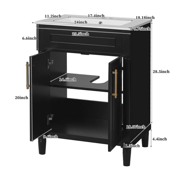English Elm 24" Bathroom Vanity with Integrated Ceramic Sink and Adjustable Shelf, Vintage Hardware, Space-Saving Design Black N710P277711B