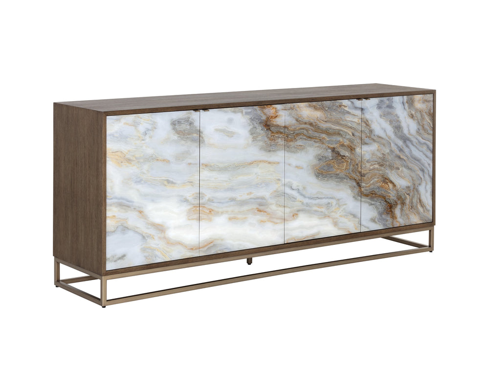 Sunpan Fuentes Sideboard - Luxurious Brown Oak Storage with Mother of Pearl Style & Soft Close Doors