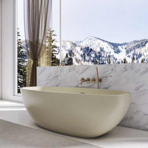 English Elm 66.9 Inch Stone Resin Freestanding Soaking Tub Matte Khaki Spa Bathtub W1613P381035