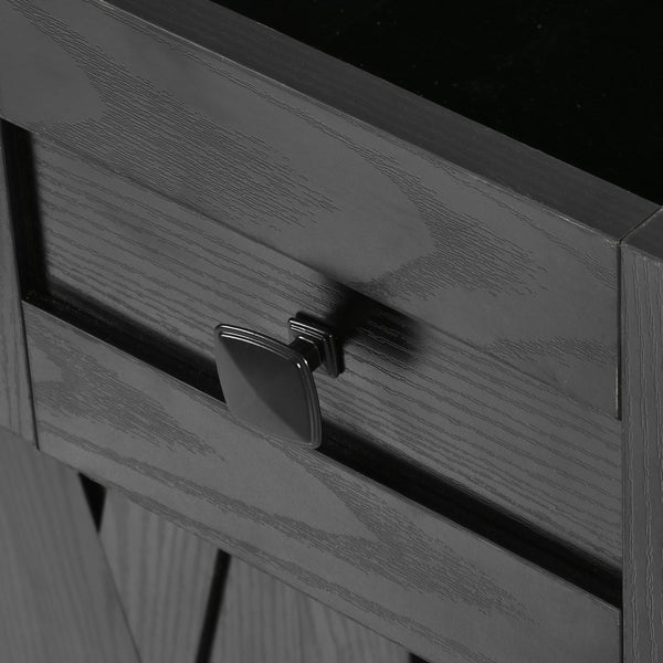 English Elm K&K 58" Farmhouse Kitchen Island with Sliding Barn Door, Drop Leaf, Glass Rack, Locking Wheels, Power Black N707P349811B