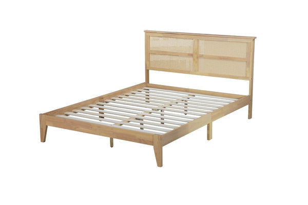 English Elm Queen Platform Bed Solid Rubberwood Arched Rattan Headboard Natural Boho Bedroom W504P380560