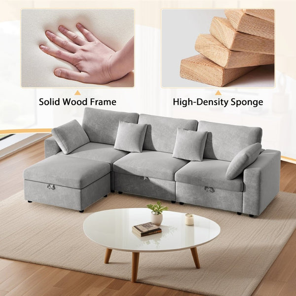 English Elm 118" Velvet L Shaped Sectional with Storage Ottoman and Deep Cloud Cushions W3716S00014