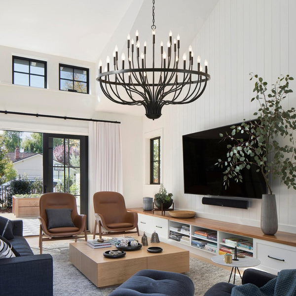 English Elm 36-light Matte Black Iron Candle Chandelier Farmhouse Industrial Style for Large Dining Rooms W5008P464944