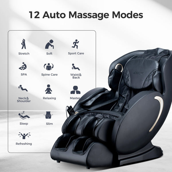 English Elm Bosscare Full Body Shiatsu Recliner with Sl Track 3d Rollers and App Control Black W730P162463