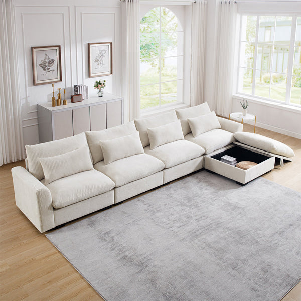 English Elm Large L Shape Sectional Corduroy Sofa with Deep Seats, Storage Ottoman, Ergonomic Support, Modular Comfort for Living Room Beige W714S00643