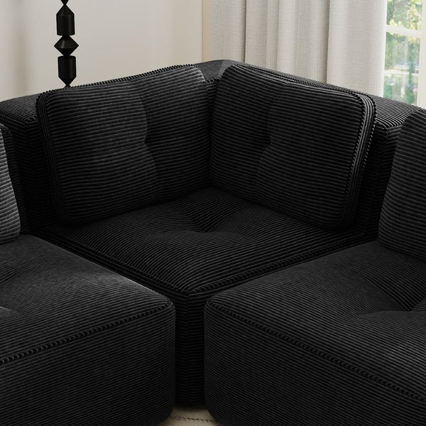English Elm Modern Corduroy Sectional Sofa Deep Seat V Shape Tufted Couch with Movable Ottoman Black W714S01585