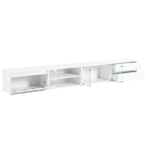 English Elm ON-TREND Modern APP-Controlled LED TV Stand for TVs up to 105" with Faux Marble Top, Tempered Glass Doors, Ample Storage, Cable Management, and High Load Capacity for Living Room Entertainment Center White N721P171537K
