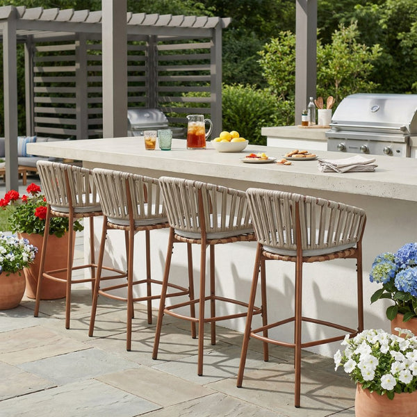 English Elm Lodi Outdoor Woven Pe Rope Barstools with Iron Frame Resort Style Set of 4 N775P268025T-S4
