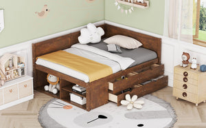 English Elm Full Size Daybed with Storage Drawers Open Shelves Low Profile Contemporary Frame Walnut LP102023AAD