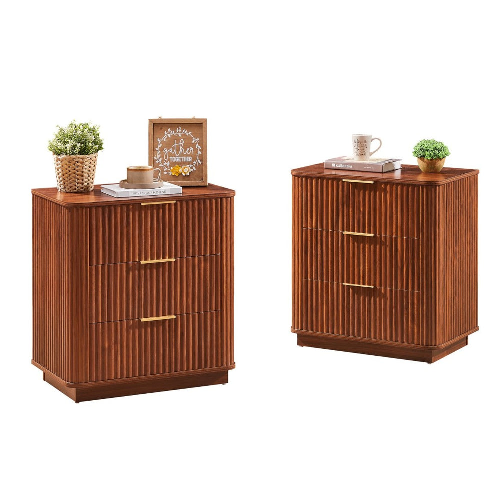 English Elm 3 Drawer Nightstand Pair Walnut Wave Textured Mdf Modern Bedroom Storage Set of Two W1820P436011
