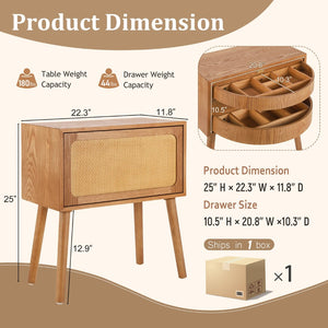 English Elm Rotating Rattan Nightstand Push Open Hidden Storage Mid Century Wood Leg Bedside Natural N761P288451M