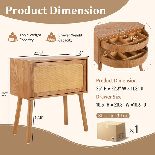 English Elm Rotating Rattan Nightstand Push Open Hidden Storage Mid Century Wood Leg Bedside Natural N761P288451M