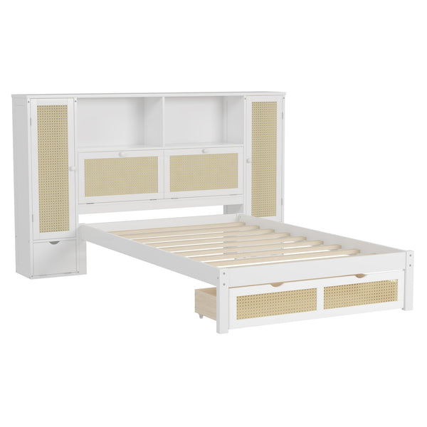 English Elm Twin Multifunctional Bed with Rattan Headboard Storage, Drawer & Shelves — Space-Saving Pine Design White 50.4 L x 19.8 W x 5.5 H N733S241280K