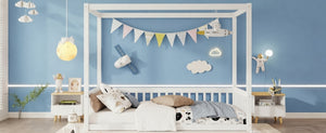 English Elm Twin Canopy Floor Bed Rubberwood Frame with Fence Guardrails for Kids Bedroom White W504P351802