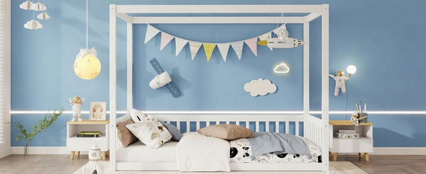 English Elm Twin Canopy Floor Bed Rubberwood Frame with Fence Guardrails for Kids Bedroom White W504P351802