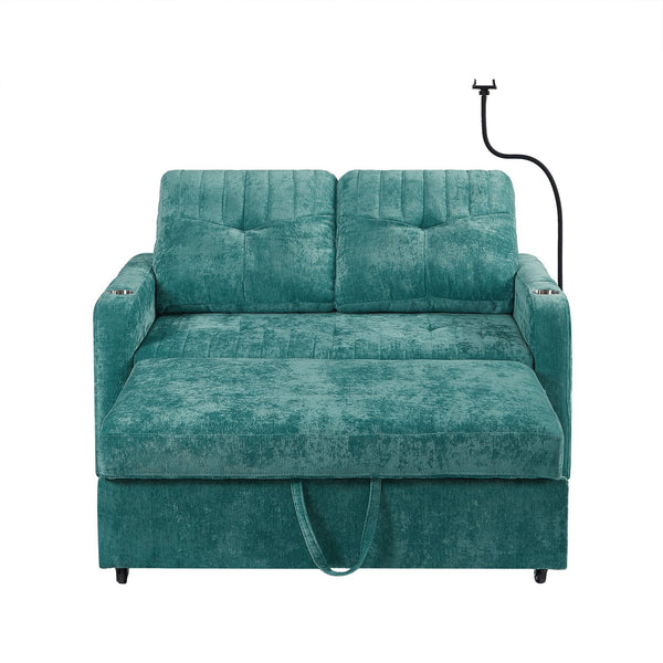 English Elm 53.9" Modern Loveseat Pull-Out Sofa Bed with Adjustable Backrest, Cup Holders, USB Charging Ports & Storage Teal N719S001650T