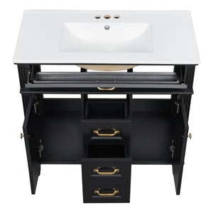 English Elm 36 Inch Bathroom Vanity with Ceramic Sink, Durable MDF & Solid Wood Frame, Soft-Close Doors, Luxe Handles, Ample Organized Storage, Modern Freestanding Design Black N725P314034B