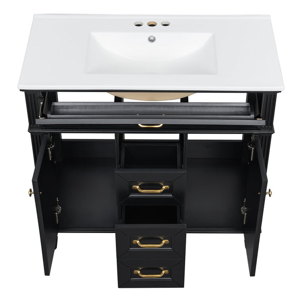 English Elm 36 Inch Bathroom Vanity with Ceramic Sink, Durable MDF & Solid Wood Frame, Soft-Close Doors, Luxe Handles, Ample Organized Storage, Modern Freestanding Design Black N725P314034B