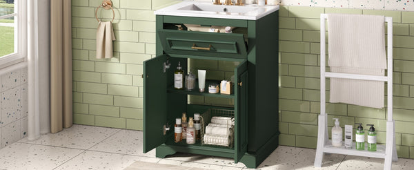 English Elm 24" Matte Single Sink Vanity Solid Poplar Frame Gold Hardware Soft Close Cabinet Green N710P389449F